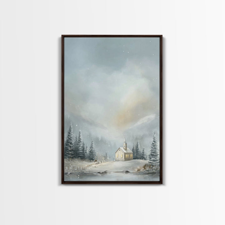 Winter Chapel Light | Framed Canvas Print | Christmas Art Prints | Christian Wall Art | Christian Christmas Decor | Christian Art Canvas |