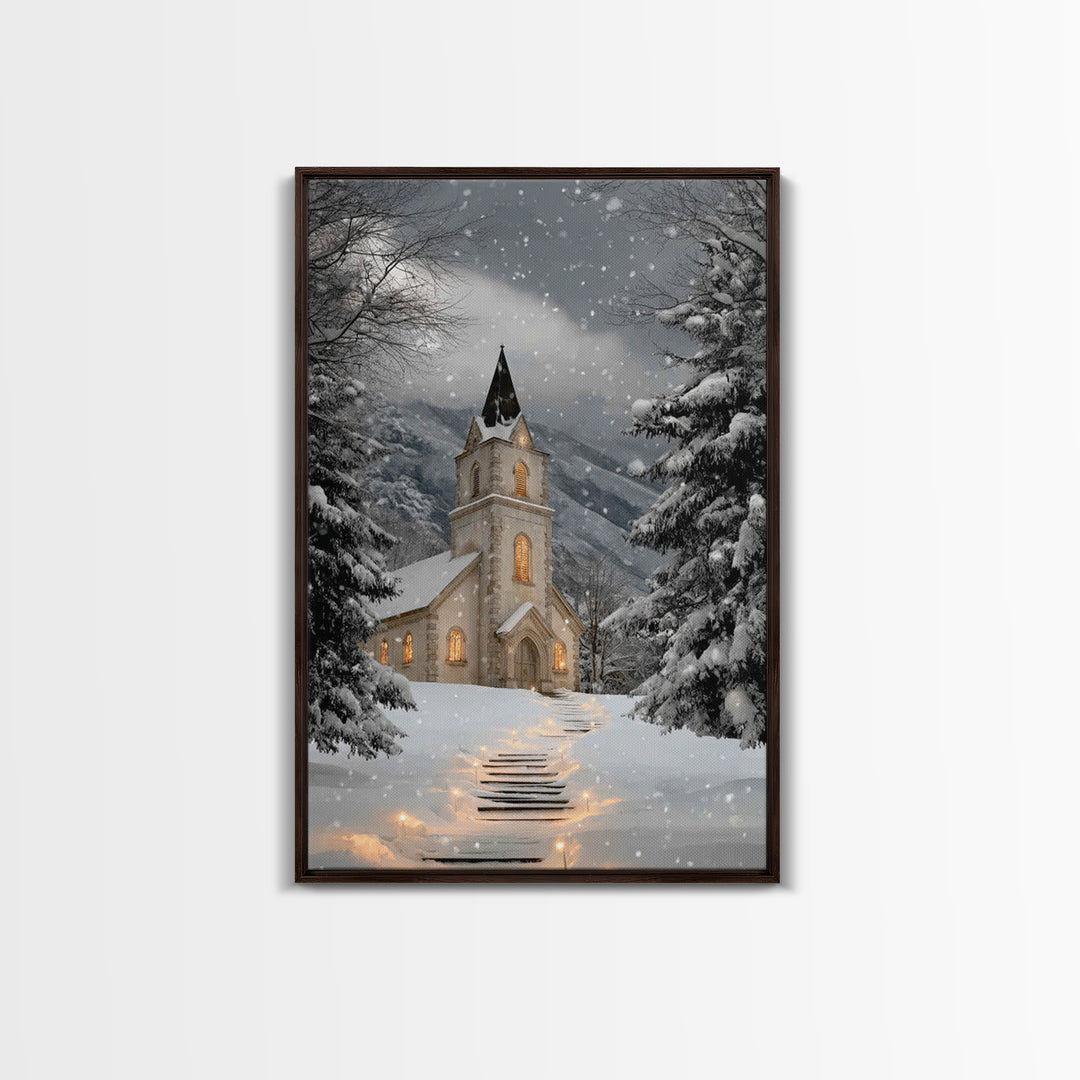 Snowfall Chapel – Framed Canvas Print – Christmas Wall Art – Christian Christmas Art – Framed Christmas Art – Christmas Art Work – Christia