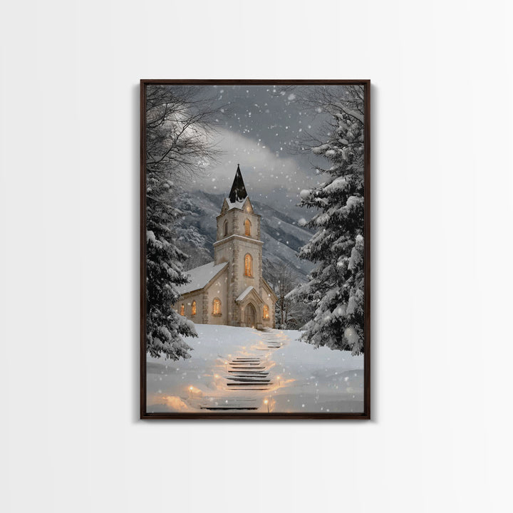 Snowfall Chapel – Framed Canvas Print – Christmas Wall Art – Christian Christmas Art – Framed Christmas Art – Christmas Art Work – Christia