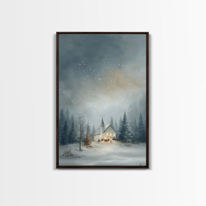 Starry Night Chapel – Framed Canvas Print – Christian Christmas Art – Christmas Canvas Wall Art – Framed Christmas Wall Art – Modern Christ
