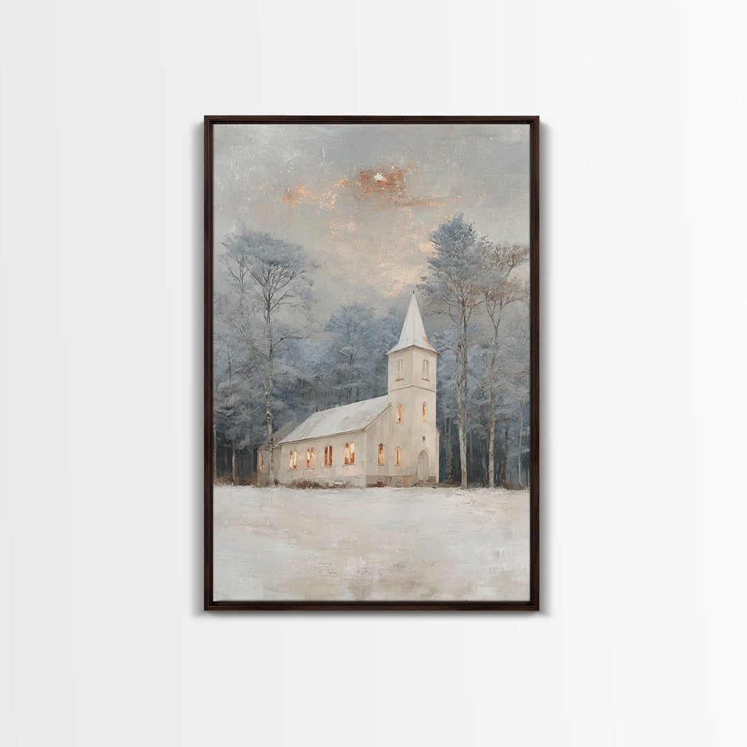 Frosted Chapel – Framed Canvas Print – Christian Wall Art – Christian Christmas Art – White Christmas Art – Christmas Canvas Wall Art – Chr
