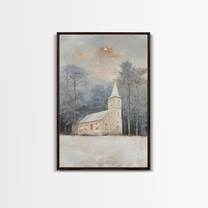 Frosted Chapel – Framed Canvas Print – Christian Wall Art – Christian Christmas Art – White Christmas Art – Christmas Canvas Wall Art – Chr
