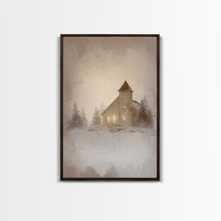 Silent Chapel Glow, Framed Canvas Print, Christian Wall Art, Christian Art Canvas, Christmas Art, Christian Holiday Art