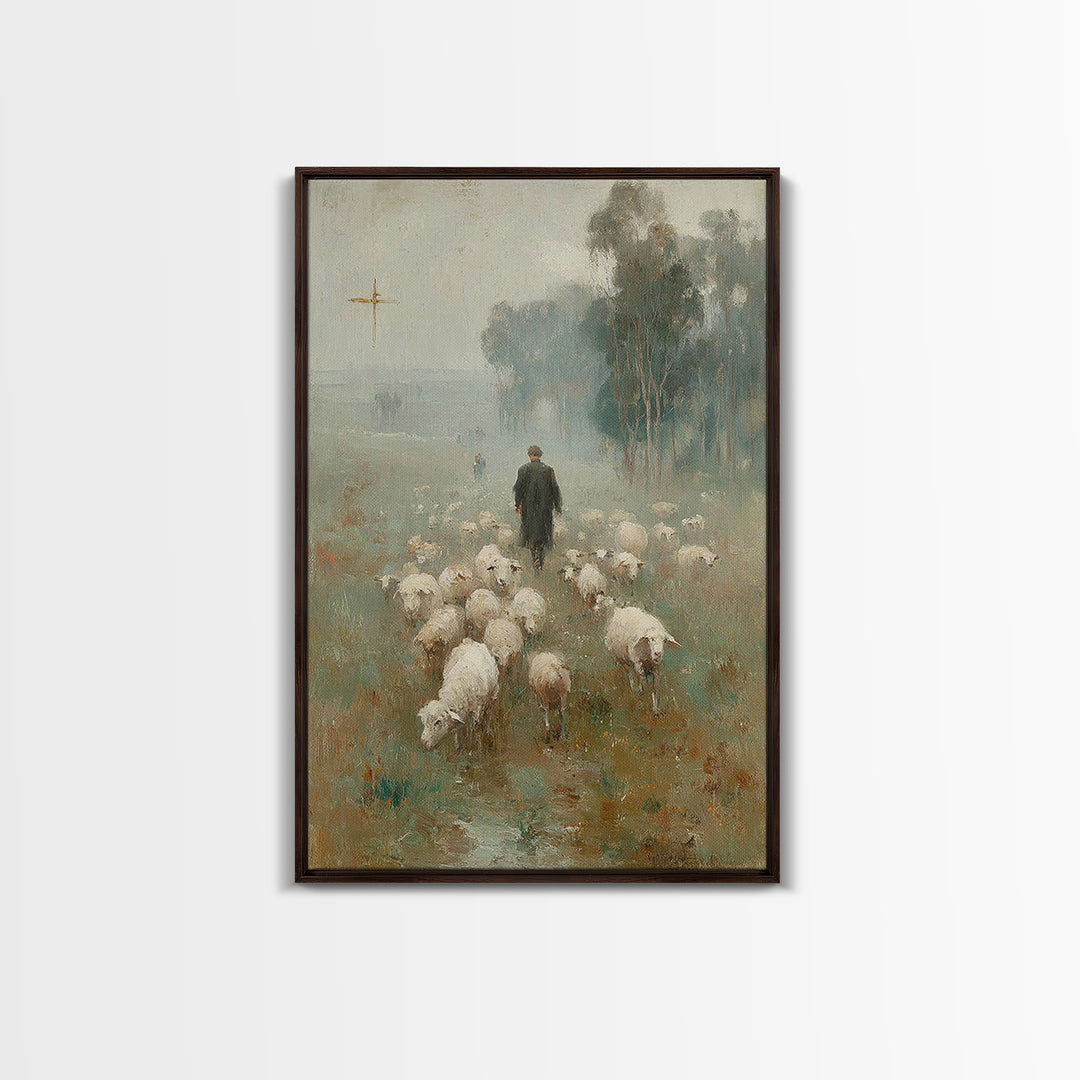 Misty Pasture Walk, Framed Canvas Print, Christian Wall Art, Christian Art Canvas, Jesus Painting, Christian Gift