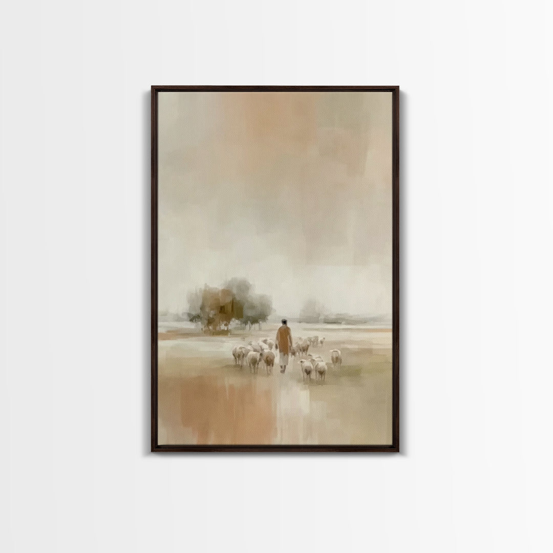 Quiet Field Shepherd, Framed Canvas Print, Christian Wall Art, Christian Art Canvas, Pastoral Scenery, Minimalist Christian Art