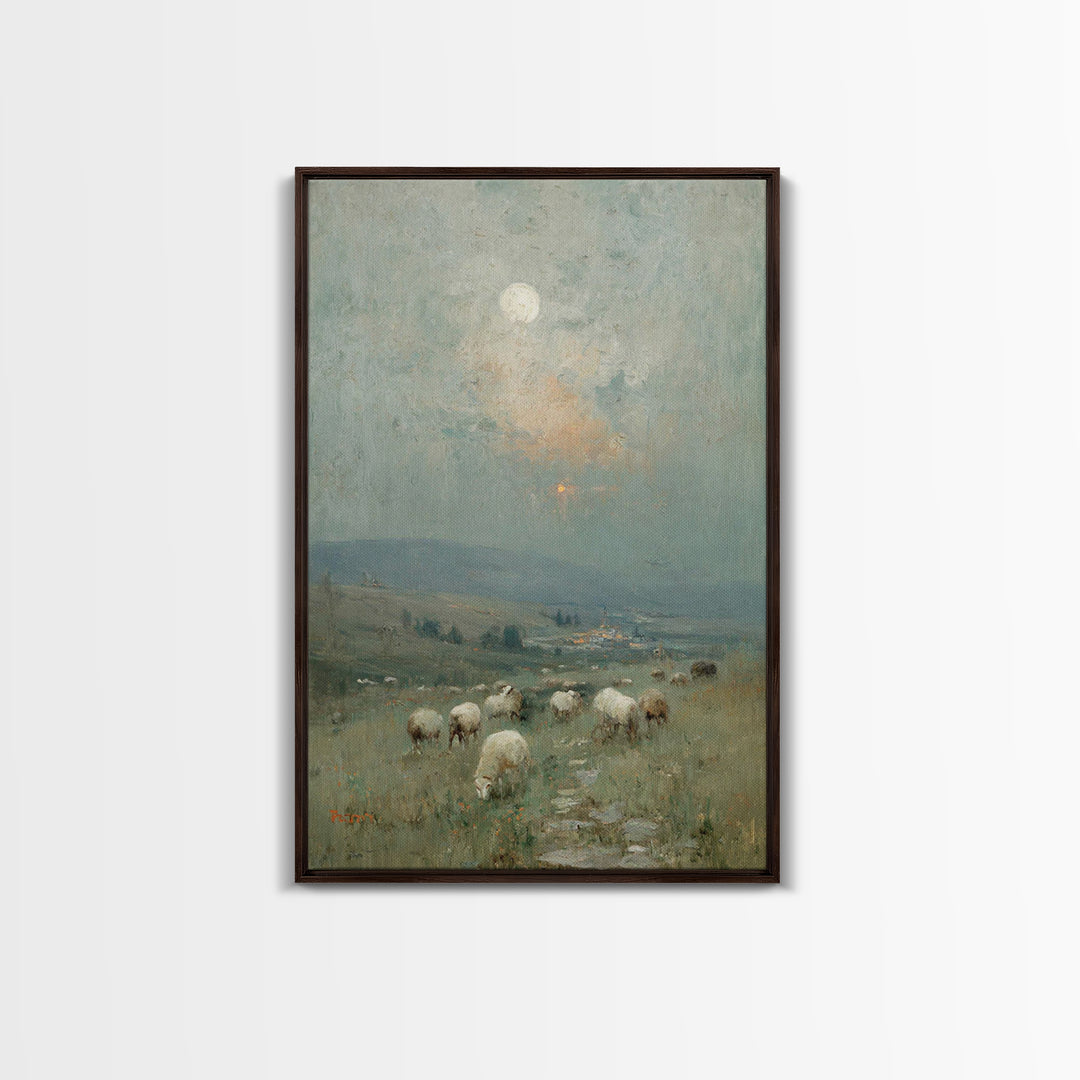 Moonlit Pasture Peace, Framed Canvas Print, Christian Art Canvas, Christian Wall Art, Vintage Christian Art, Christian Painting