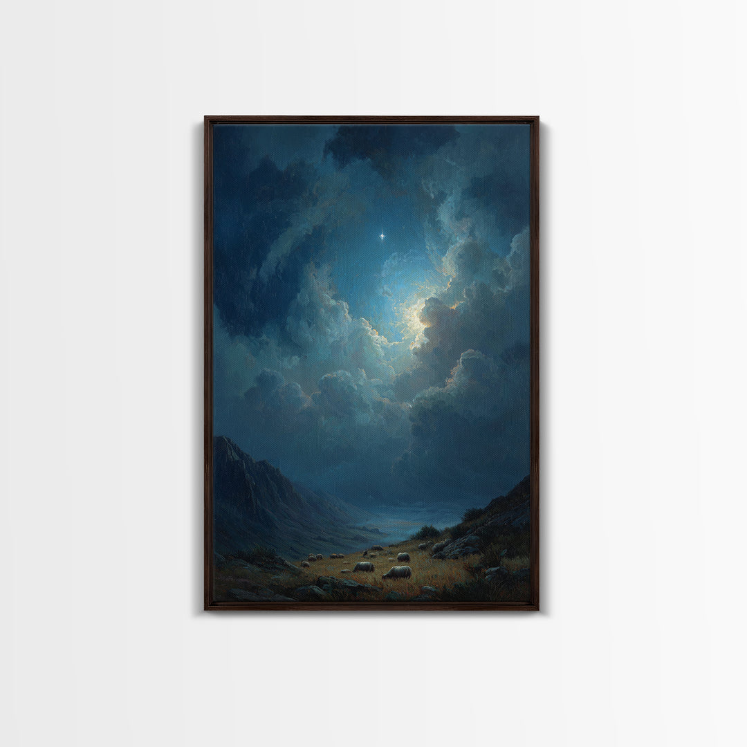 Night Star Valley – Framed Canvas Print – Christian Wall Art – Christmas Art – Christian Christmas Art – Christian Art Canvas