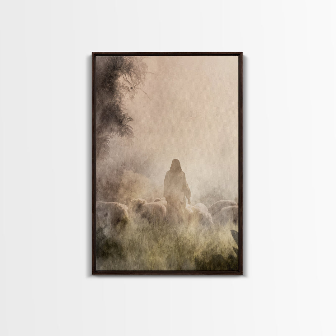 Shepherd In Light – Framed Canvas Print – Christian Wall Art – Christian Art Canvas – Moody Christian Art – Jesus Painting – Christian Gift