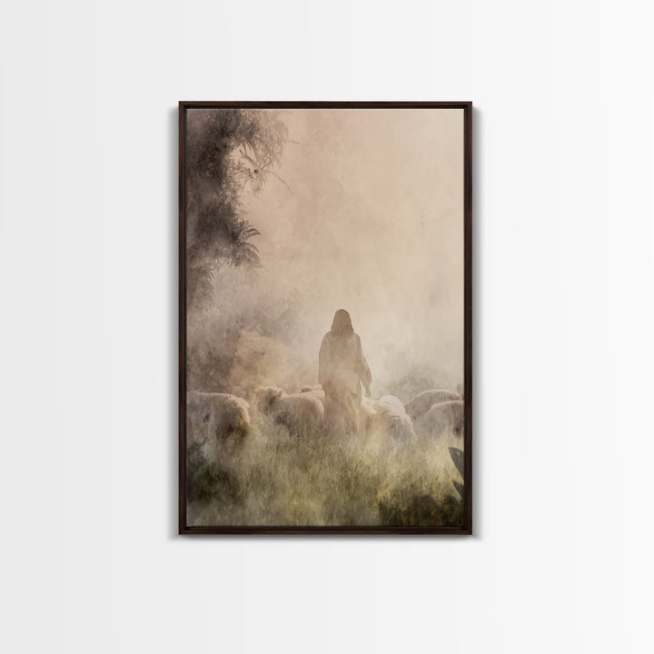 Shepherd In Light – Framed Canvas Print – Christian Wall Art – Christian Art Canvas – Moody Christian Art – Jesus Painting – Christian Gift