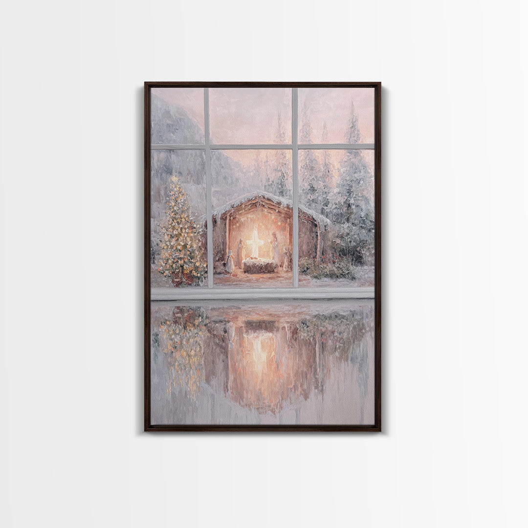 Winter Nativity Glow – Framed Canvas Print – Christmas Wall Art – Christian Christmas Art – Christmas Art Prints – Christian Decor – Framed