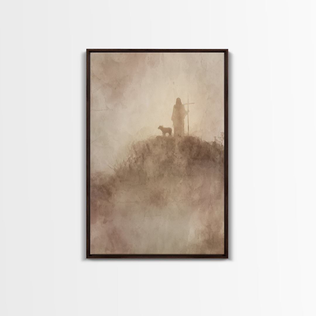 Silent Mist Journey – Framed Canvas Print – Jesus Painting – Christian Art Canvas – Christian Wall Art – Minimalist Christian Art