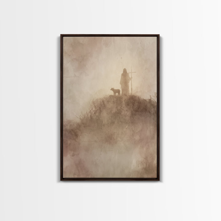 Silent Mist Journey – Framed Canvas Print – Jesus Painting – Christian Art Canvas – Christian Wall Art – Minimalist Christian Art