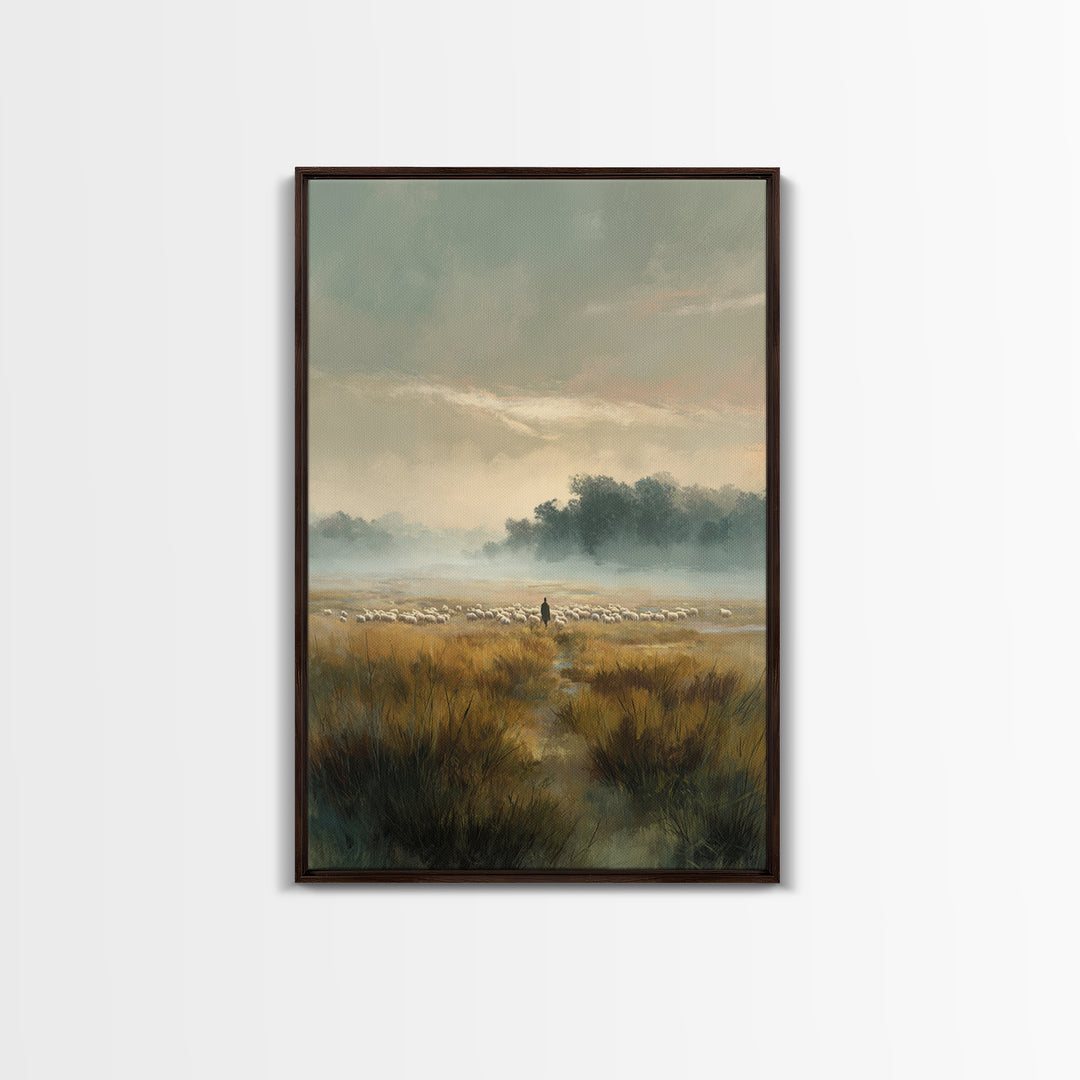 Morning Pasture – Framed Canvas Print – Christian Art Canvas – Christian Wall Art – Christian Painting – Subtle Christian Art – Pastoral Sc
