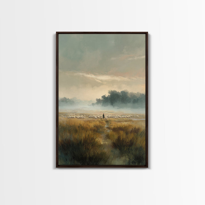Morning Pasture – Framed Canvas Print – Christian Art Canvas – Christian Wall Art – Christian Painting – Subtle Christian Art – Pastoral Sc