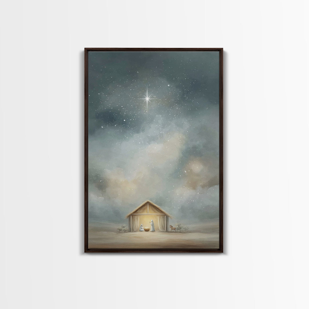 Holy Night Shelter – Framed Canvas Print – Christian Christmas Art – Christian Wall Art – Christmas Art Prints – Jesus Art Print – Christia
