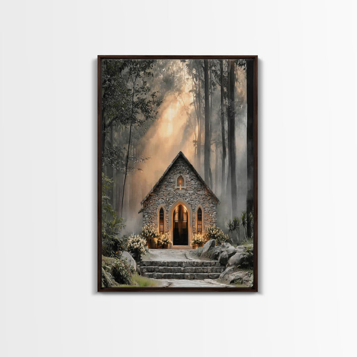 Stone Chapel Light – Framed Canvas Print – Christian Wall Art – Christian Art Canvas – Christian Decor – Moody Christian Art