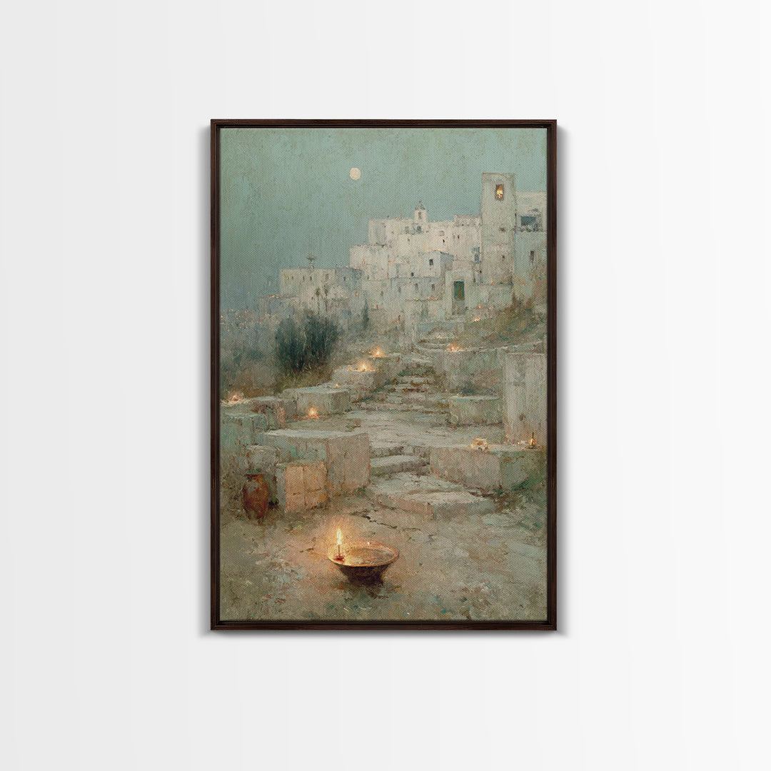 Moonlit Holy City – Framed Canvas Print – Christian Wall Art – Christmas Art Framed – Christian Art Canvas – Vintage Christian Art – Christ