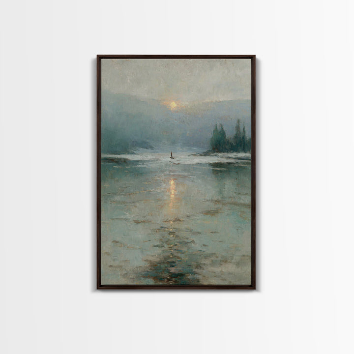 Silent Lake Dawn – Framed Canvas Print – Christian Art Print – Christian Wall Art – Vintage Christian Art – Blue Christian Art – Christian