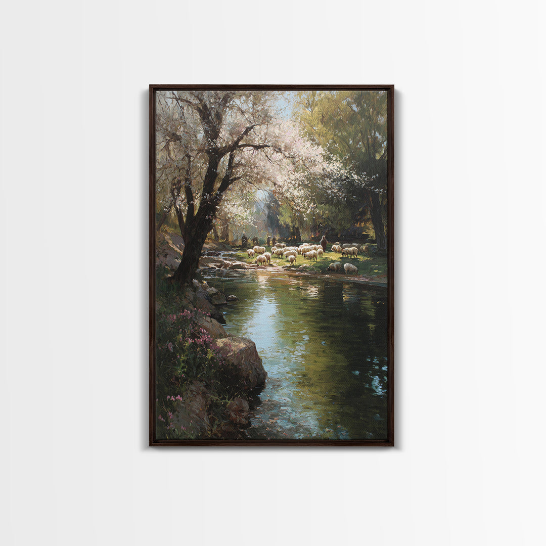 Shepherds By Morning – Framed Canvas Print – Christian Art Canvas – Christian Wall Art – Pastoral Scenery – Modern Christian Art – Christia