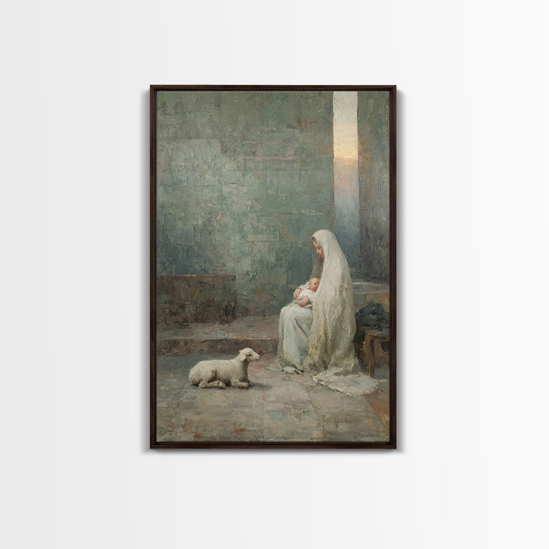 Silent Manger Grace – Framed Canvas Print – Christian Wall Art – Christian Art Canvas – Mary And Jesus Painting – Christmas Art – Christian