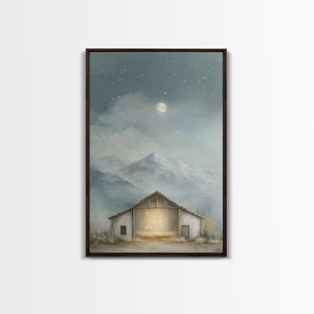 Moonlit Stable Calm | Framed Canvas Print | Christian Art Canvas | Christian Wall Art | Christmas Art | Christian Christmas Decor | Faith A