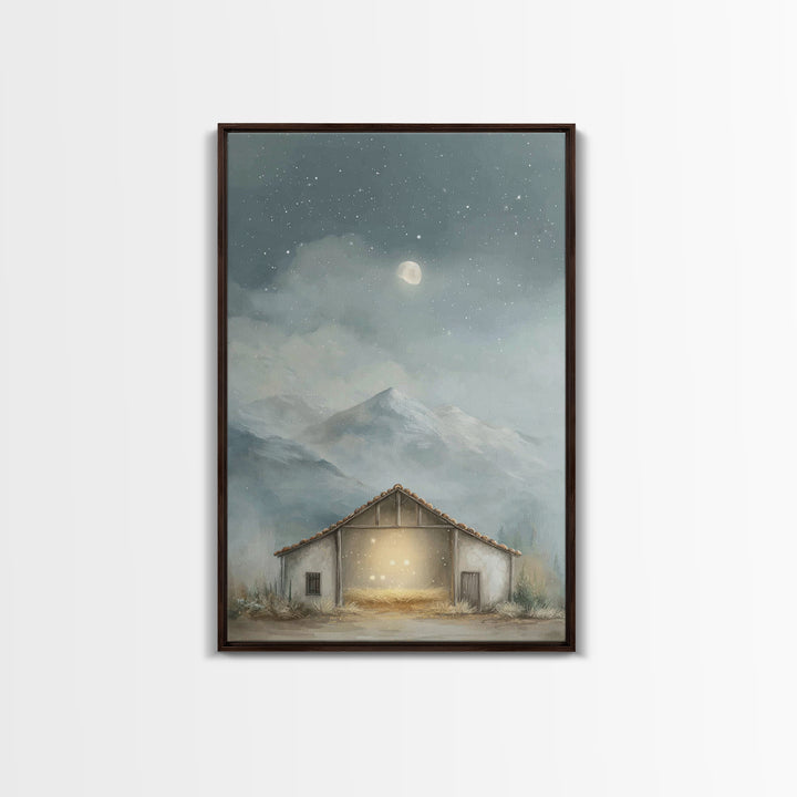 Moonlit Stable Calm | Framed Canvas Print | Christian Art Canvas | Christian Wall Art | Christmas Art | Christian Christmas Decor | Faith A