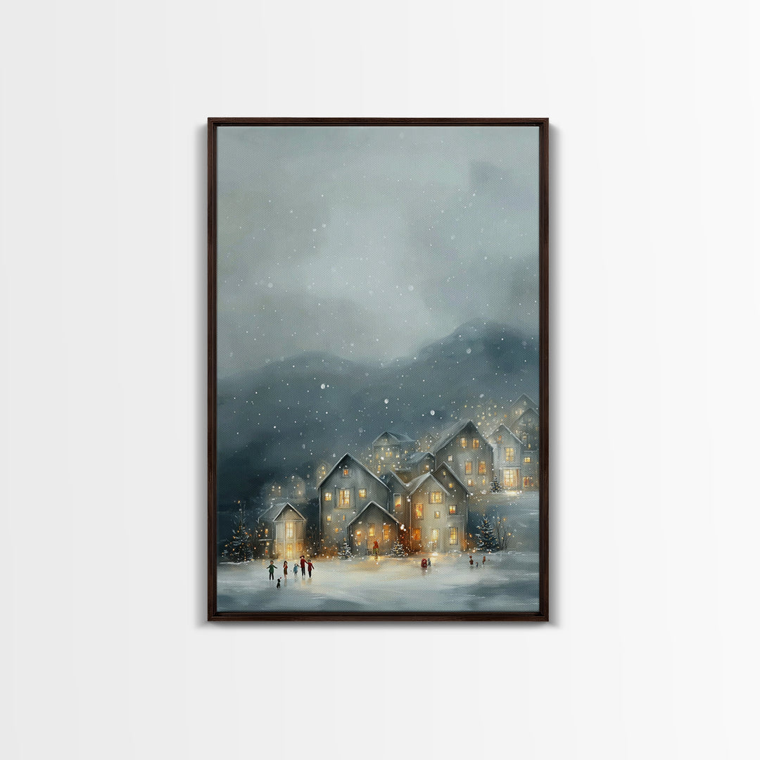 Snowy Village Light – Framed Canvas Print – Christmas Canvas Wall Art – Christian Christmas Art – Moody Christmas Art – Christian Art Canva