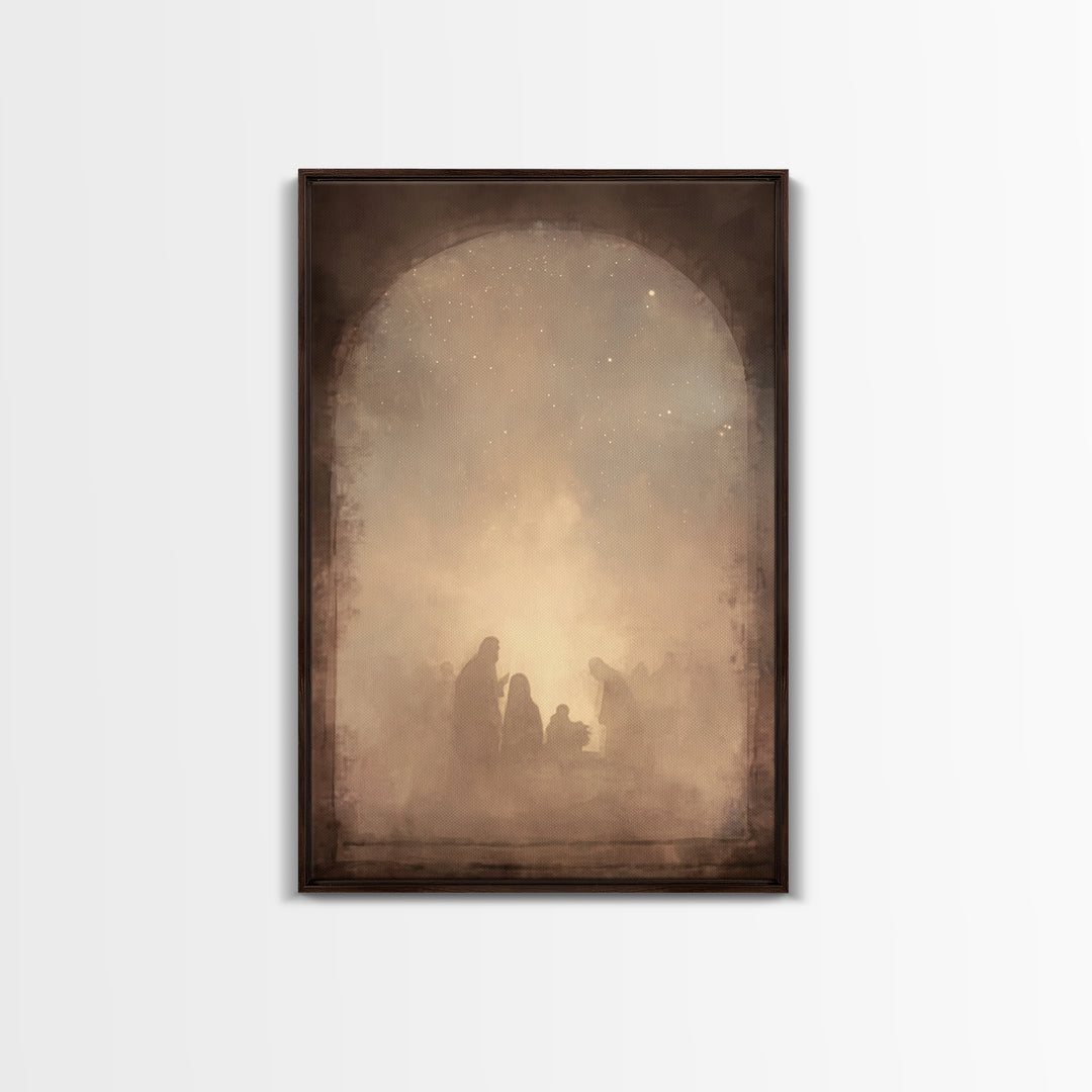 Silent Manger Glow – Framed Canvas Print – Christian Christmas Art – Christmas Canvas Wall Art – Christian Art Canvas – White Christmas Art