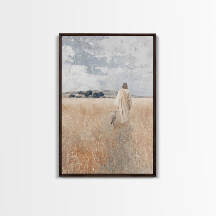 Golden Pasture Shepherd – Framed Canvas Print – Christian Art Canvas – Christian Wall Art – Jesus Painting – Christian Christmas Art – Chri