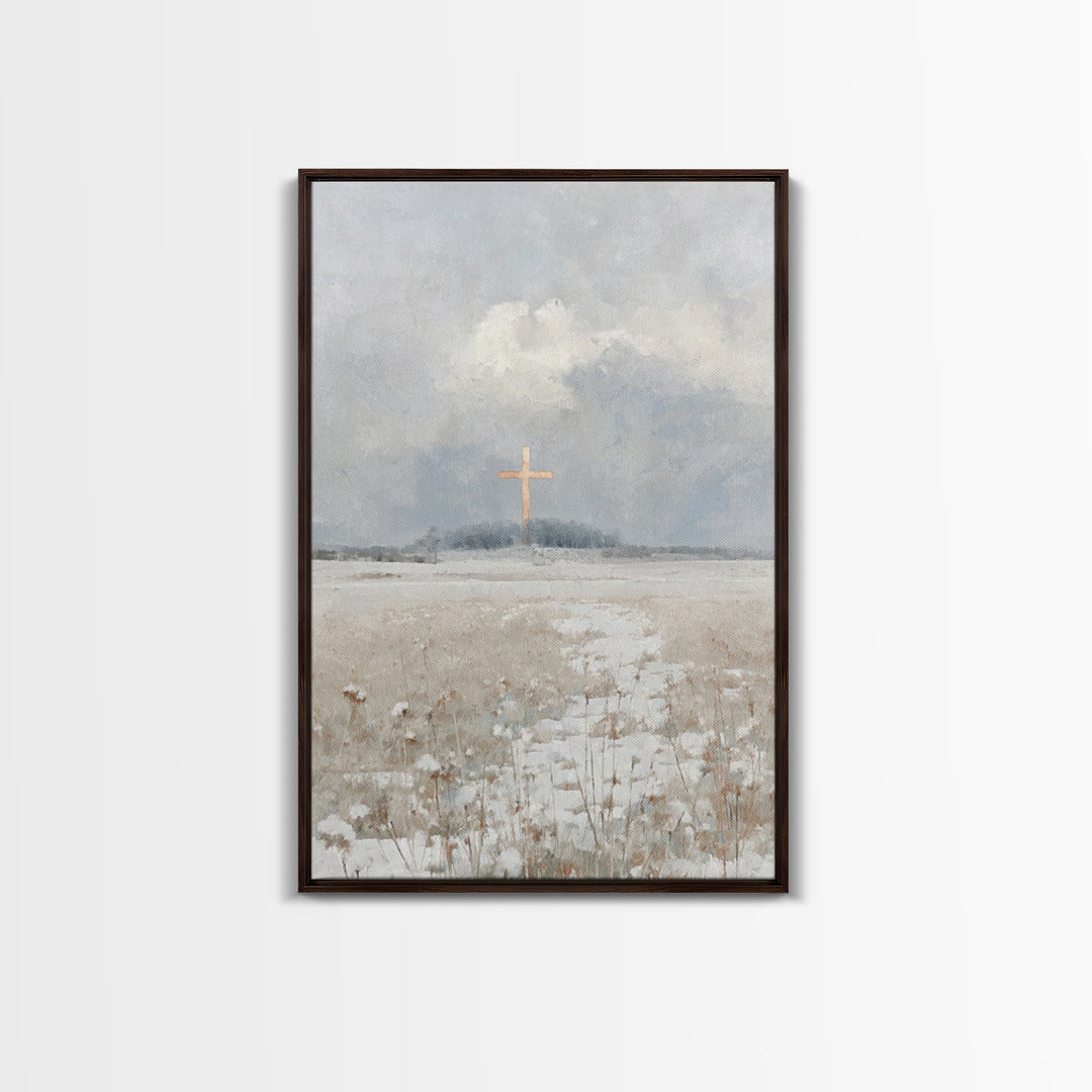 Winter Cross Peace – Framed Canvas Print – Christian Wall Art – Christian Art Work – Blue Christian Art – Christian Christmas Art – Christi