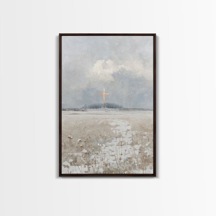 Winter Cross Peace – Framed Canvas Print – Christian Wall Art – Christian Art Work – Blue Christian Art – Christian Christmas Art – Christi