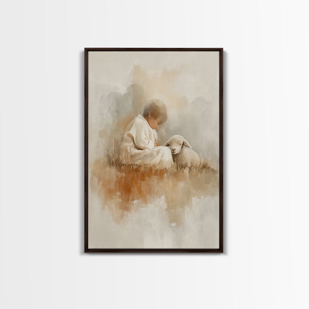 Gentle Shepherd Joy – Framed Canvas Print – Christian Art Print – Modern Christian Art – Christian Christmas Art – Jesus Painting – Christm