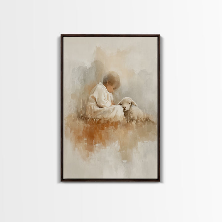 Gentle Shepherd Joy – Framed Canvas Print – Christian Art Print – Modern Christian Art – Christian Christmas Art – Jesus Painting – Christm