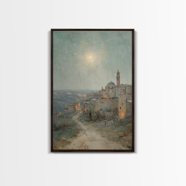 Bethlehem Nightfall, Framed Canvas Print, Christian Wall Art, Christmas Art Prints, Christian Art Canvas, Christian Christmas Art, Vintage