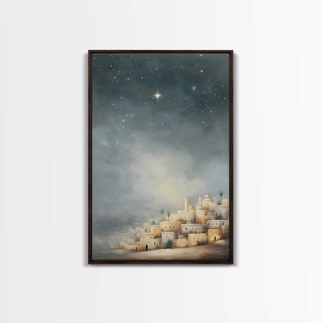 Midnight Bethlehem Glow – Framed Canvas Print – Christian Wall Art – Christmas Art Prints – Christian Christmas Art – Modern Christian Art