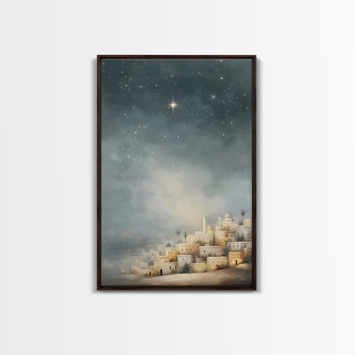 Midnight Bethlehem Glow – Framed Canvas Print – Christian Wall Art – Christmas Art Prints – Christian Christmas Art – Modern Christian Art