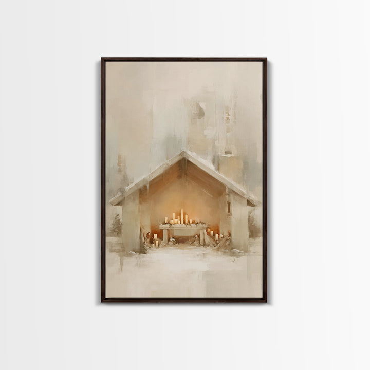 Humble Nativity Glow, Framed Canvas Print, Christmas Wall Art, Christian Art Canvas, Minimalist Christian Art, Christian Christmas Art, Sub