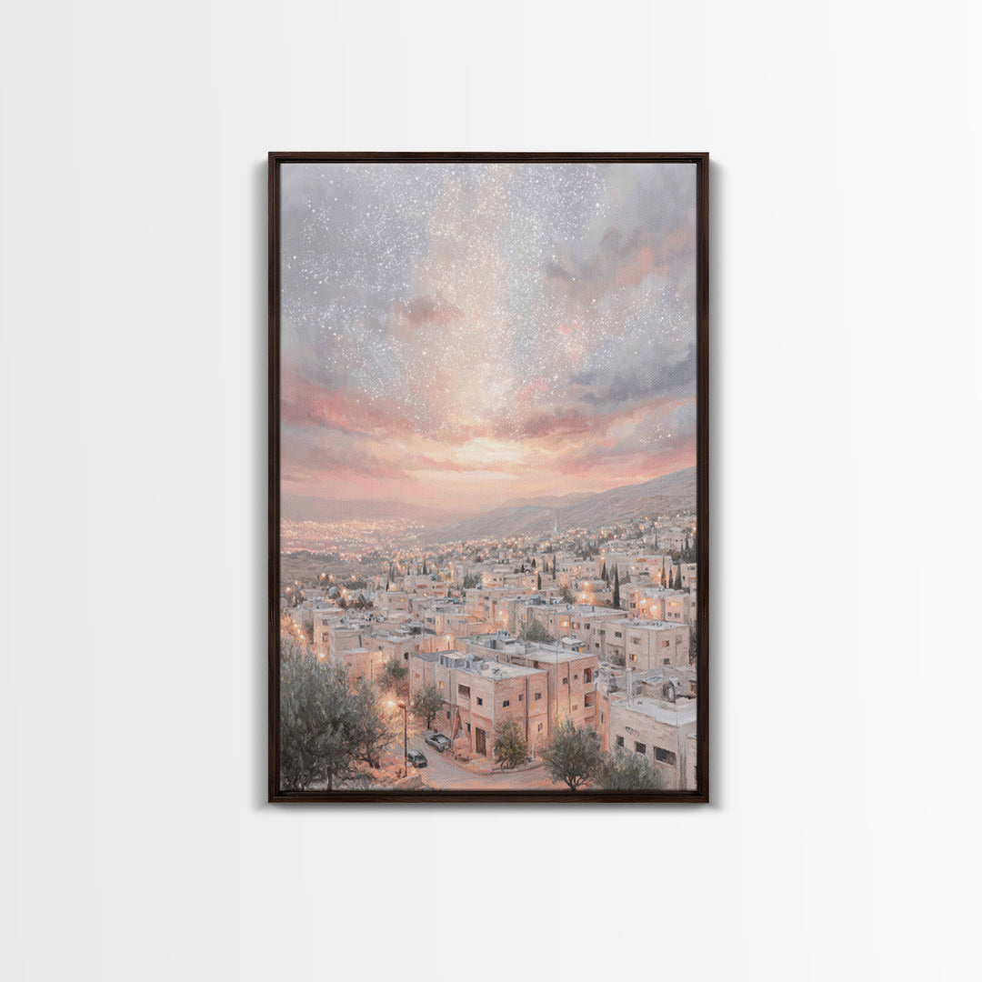 Dawn Over Bethlehem, Framed Canvas Print, Christmas Wall Art, Christian Art Print, Christian Christmas Art, Modern Christian Painting, Chri