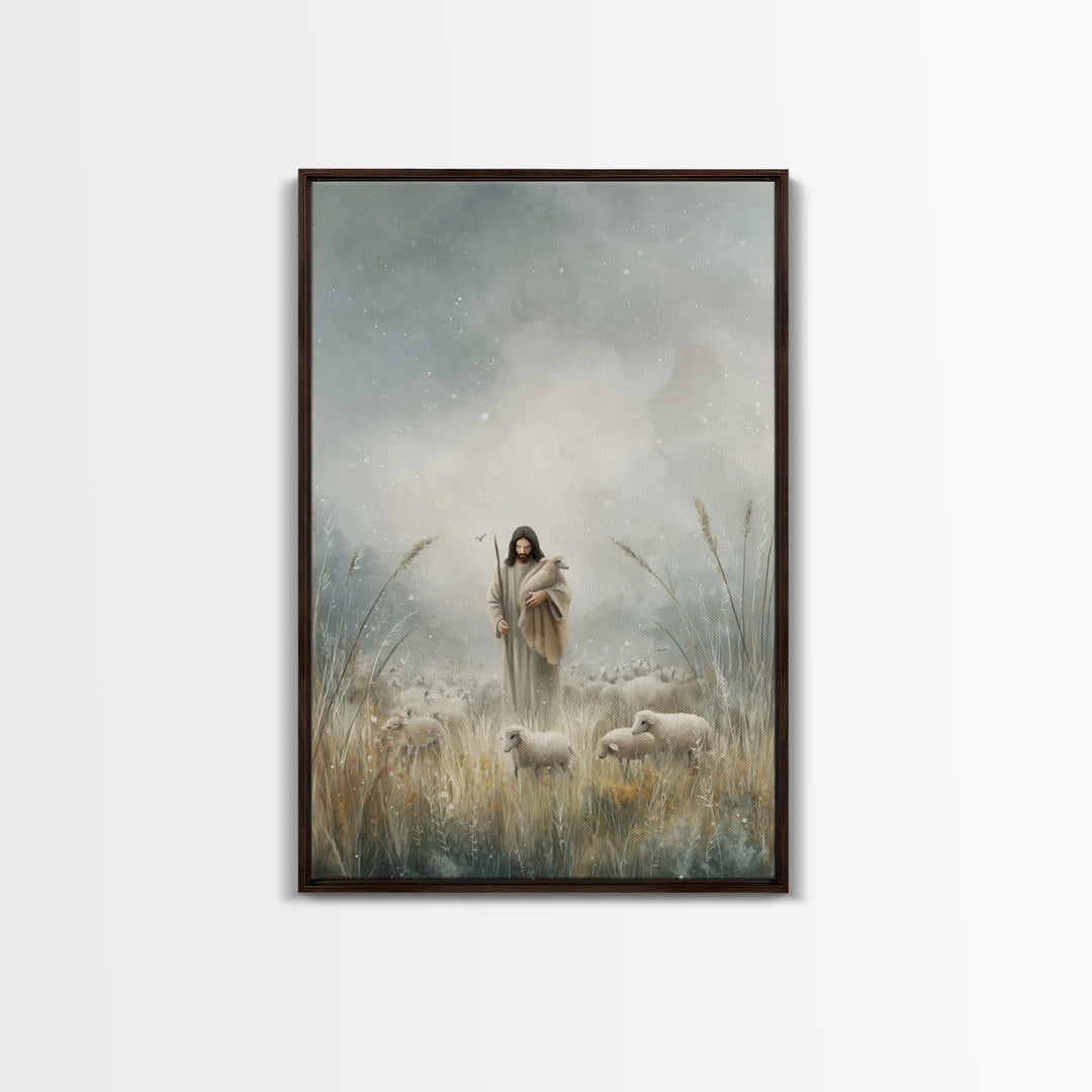 Gentle Shepherd Light – Framed Canvas Print – Jesus Painting – Christian Art Print – Christian Decor – Christian Wall Art – Minimalist Chri