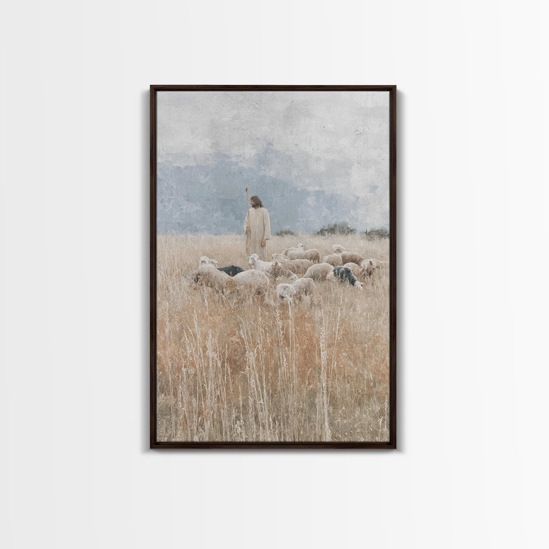 Quiet Meadow Shepherd – Framed Canvas Print – Christian Art Canvas – Jesus Painting – Christian Decor For Home – Large Christian Painting –