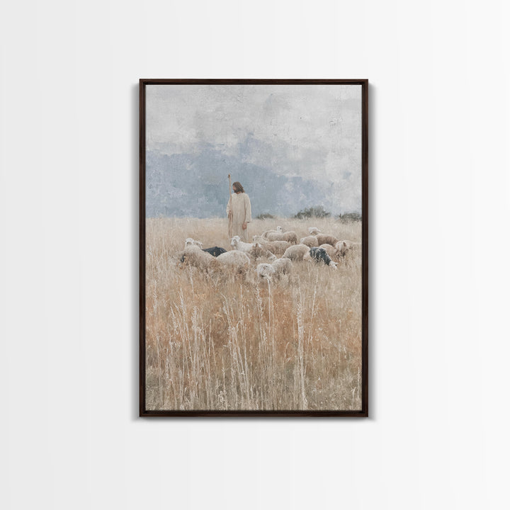 Quiet Meadow Shepherd – Framed Canvas Print – Christian Art Canvas – Jesus Painting – Christian Decor For Home – Large Christian Painting –