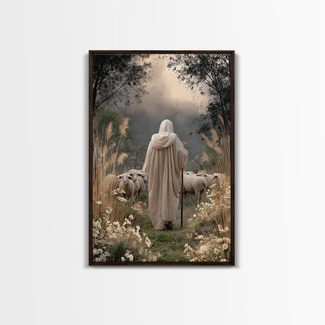 Evening Shepherd Glow – Framed Canvas Print – Christian Art Canvas – Christian Wall Art – Large Jesus Painting – Christian Decor – Modern C