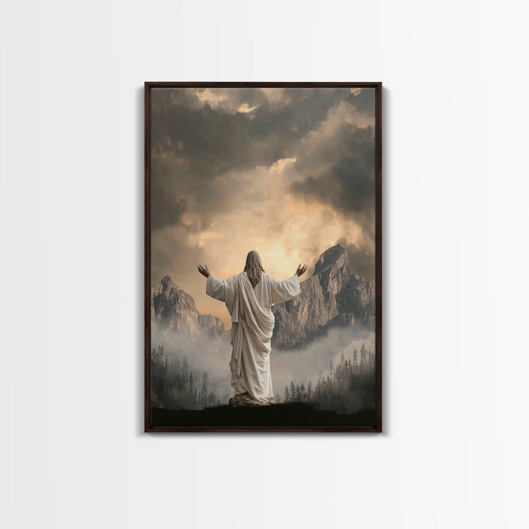Mountain Prayer Light | Framed Canvas Print | Christian Art Canvas | Jesus Wall Art | Moody Christian Art | Large Christian Painting | Chri