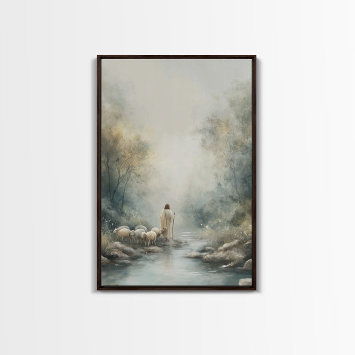 River Path Shepherd – Framed Canvas Print – Christian Art Canvas – Jesus Painting – Modern Christian Art – Christian Gift Ideas – Christian