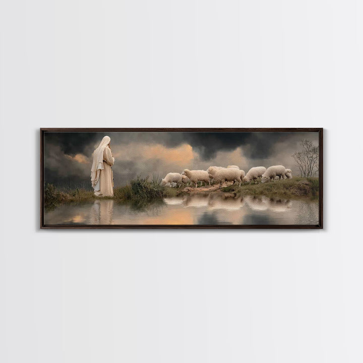 The Shepherd’s Calm – Framed Canvas Print – Christian Wall Art – Jesus Painting – Panoramic Art – Christian Christmas Art