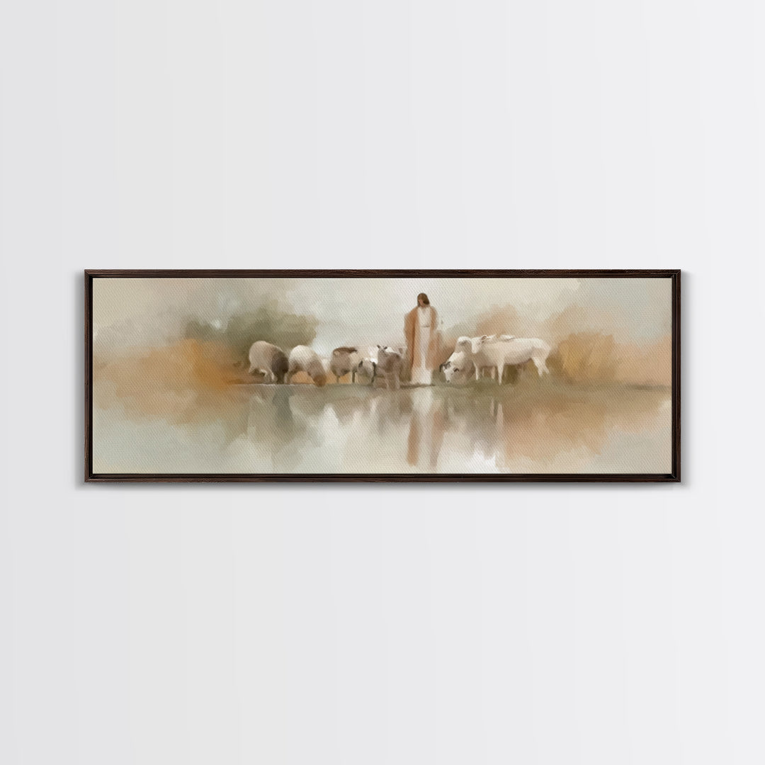 Gentle Pasture Light | Framed Canvas Print | Christian Wall Art | Panoramic Frame | Jesus Canvas Art | Christmas Art