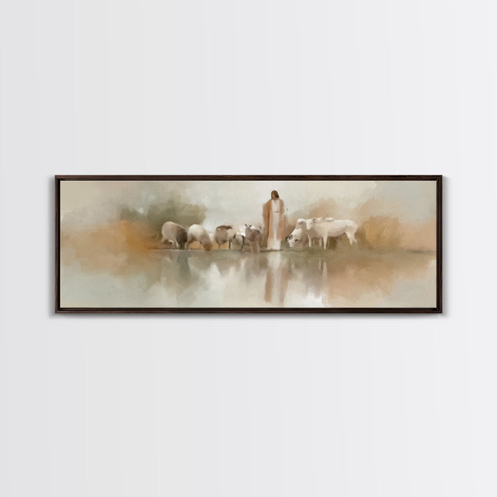 Gentle Pasture Light | Framed Canvas Print | Christian Wall Art | Panoramic Frame | Jesus Canvas Art | Christmas Art