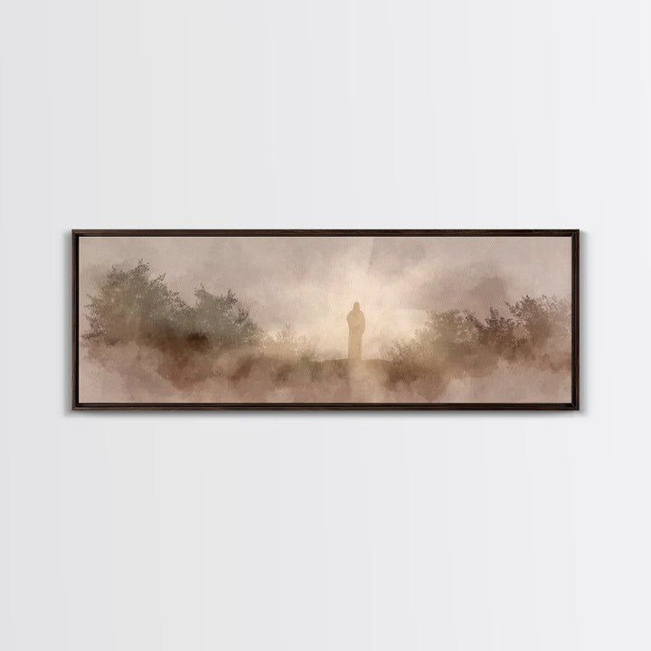 Hillside Redeemer, Framed Canvas Print, Christian Art, Jesus Wall Art, Panoramic Painting, Christian Christmas Art