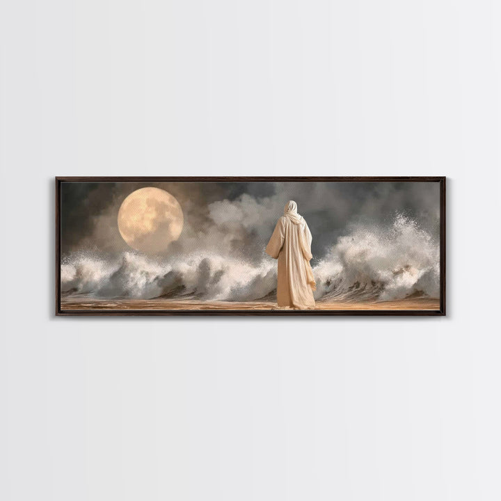 Moonlit Sea Grace | Framed Canvas Print | Panoramic Painting | Christian Wall Art | Jesus Canvas Art | Christian Art Print | Christian Deco