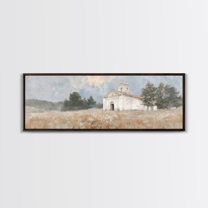 Hillside Parish Light – Framed Canvas Print – Panoramic Painting – Christian Art Canvas – Christian Wall Art – Christian Decor – Christmas